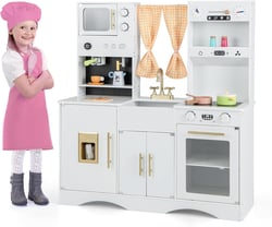 Kids Kitchen Playset, Wooden Pretend Play Kitchen with Ice Maker, Coffee Maker, Microwave, Oven, Stoves