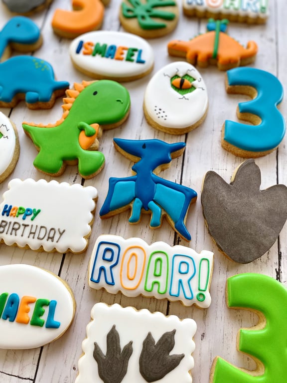 Dinosaur themed cookies for a kids birthday party.