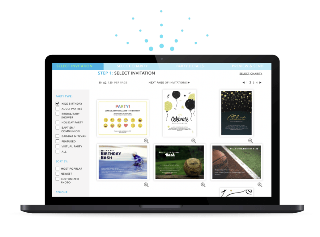 Choose from a wide selection of custom birthday party invitations and make a difference by donating your birthday.