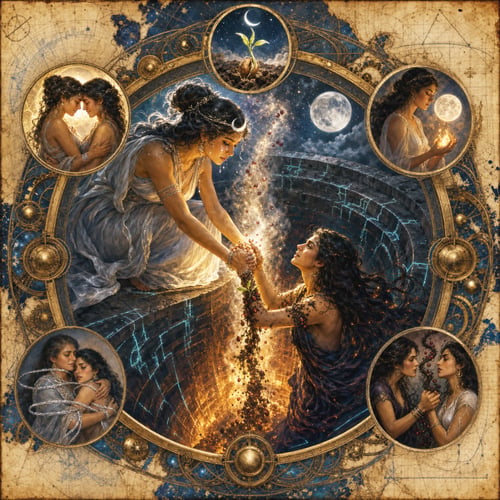 Two figures meeting at a threshold inside an ornate celestial ring