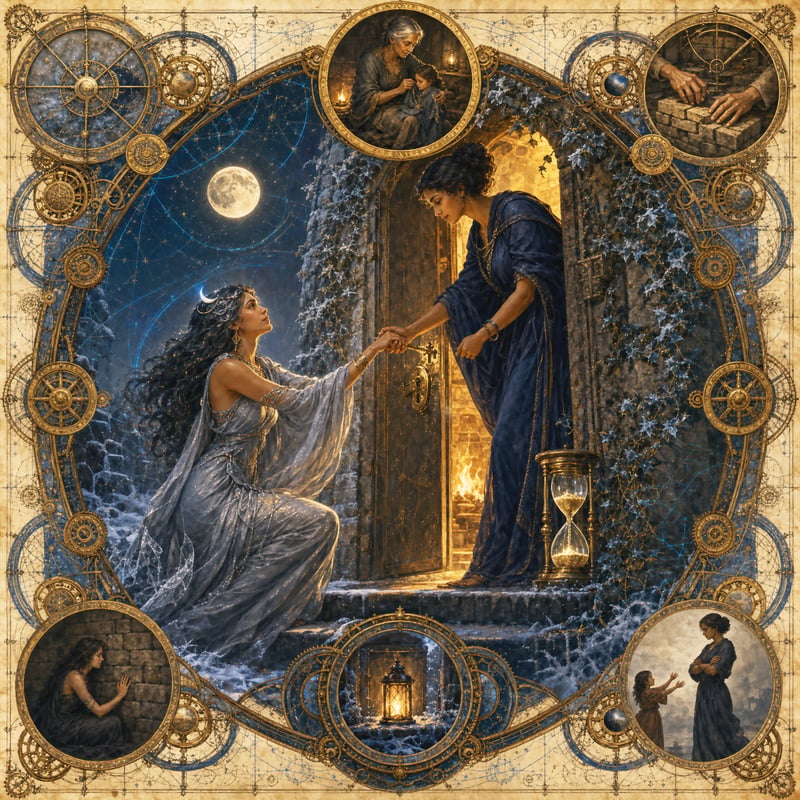 The Moon goddess reaching up from moonlit water to Saturn's crone, who steadies her at a lantern-lit threshold