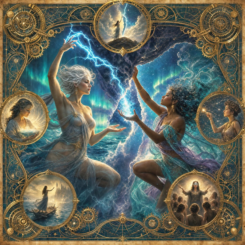 The goddesses of Uranus and Neptune meeting in luminous water and lightning