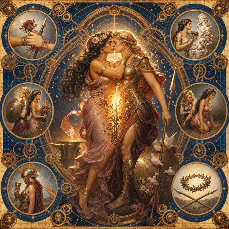 The goddesses of Venus and Mars drawn together, rose and spear meeting in a golden celestial frame