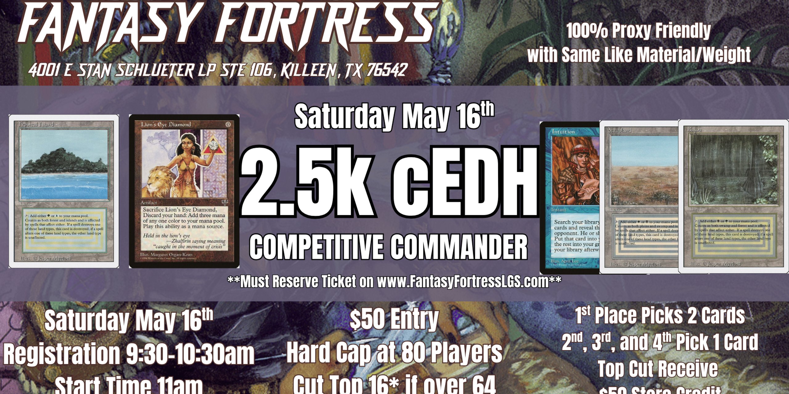 2.5k cEDH Event, Lion's Eye, Tropical Island, Scrubland, Bayou, Intuition