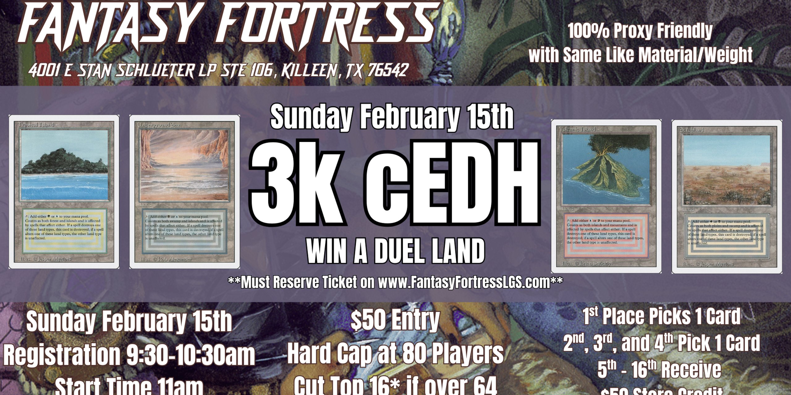 3k cEDH Event, 4 Duals, Underground Sea, Volcanic Island, Tropical Island, Scrubland