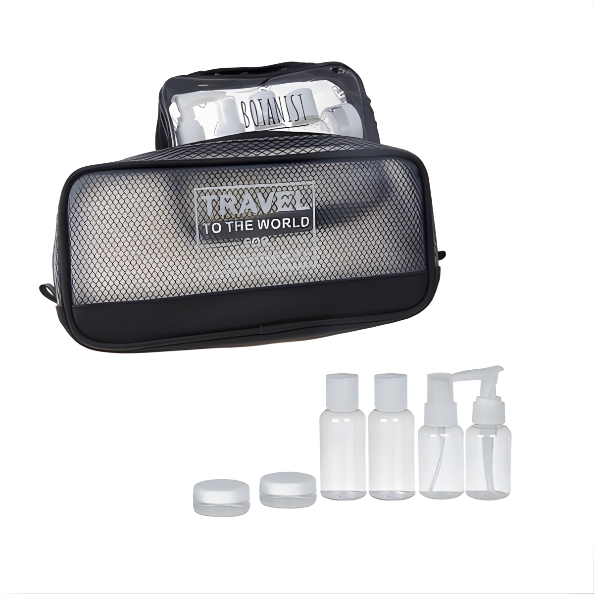 "TRAVEL" ערכת בקבוקי אחסון לנסיעות משולב עם תיק כלי רחצה