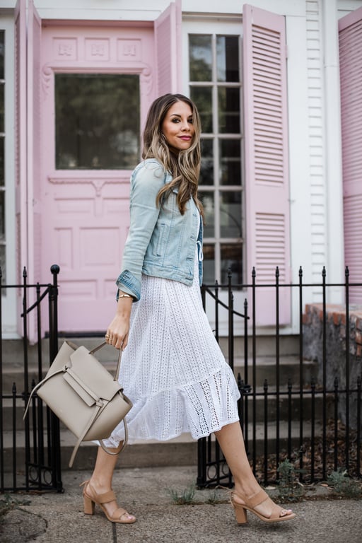 white lace dress with jean jacket Sun Washed bows & sequins
