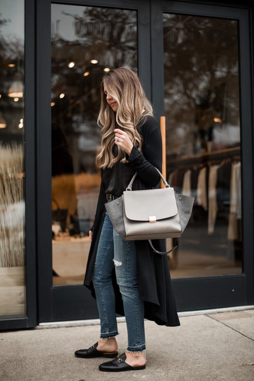 Long Drape Cardigan and Celine Trapeze Bag