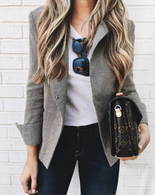 Herringbone blazer and Louis Vuitton cross body 