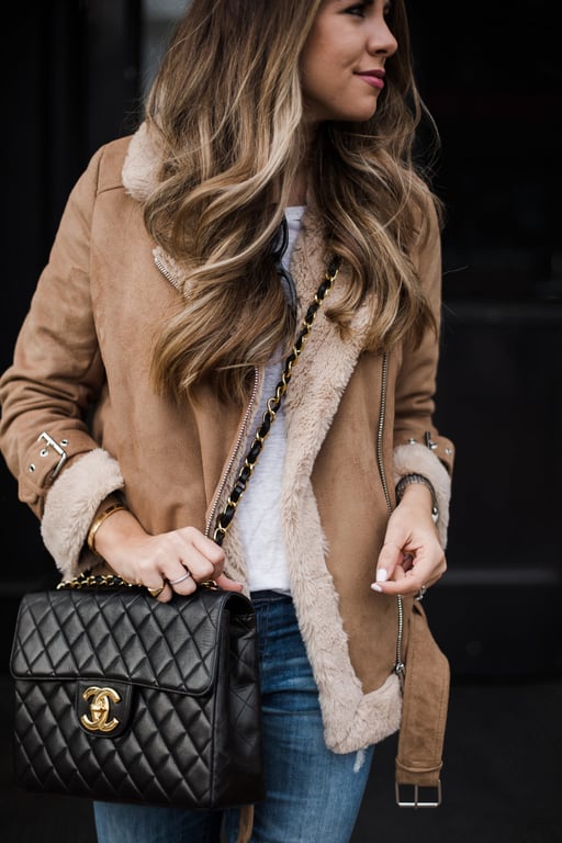 Camel Faux Shearling Moto Jacket