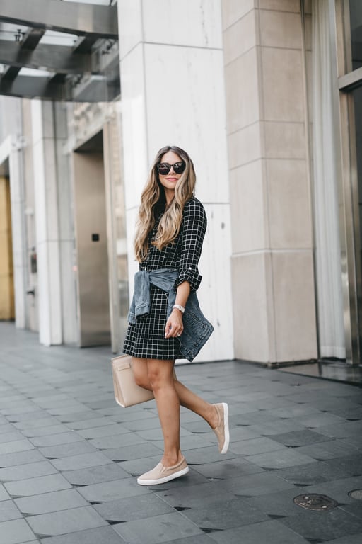 grey dress white sneakers My Go-To White Sneakers + 18 Ways To Style Them