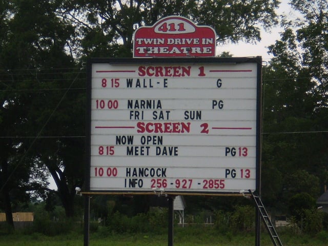 Marquee visible from Highway 411 of the newly renamed 411 Twin Drive-In