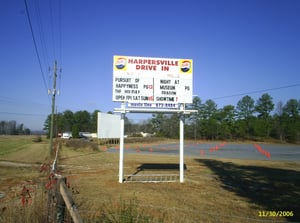 Marquee of the Harpersville Drive-In on US 280 in Harpersville, Alabama.