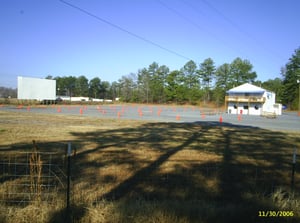 Projection booth and Screen #2 at the Harpersville Drive-In in Harpersville, Alabama.