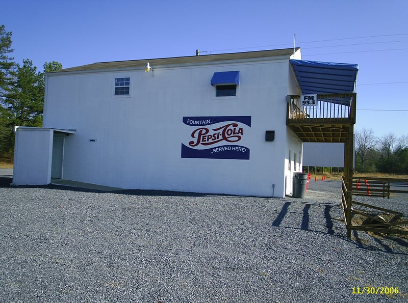 Pepsi logo on the side of the concession stand/projection booth building at the Harpersville Drive-In in Harpersville, Alabama.