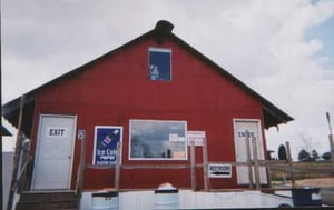 Concession stand/projection booth of the Henagar Drive-In.  Note the projector in the upper window.