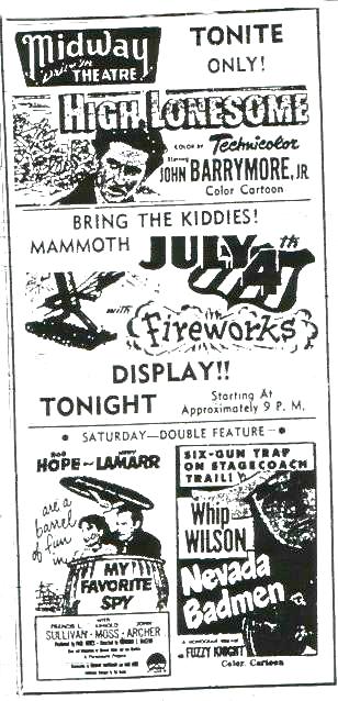 An ad touting the big fireworks show at the Midway Drive-In for July 4, 1952.