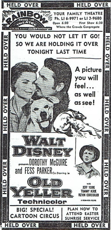 1958 newspaper ad for Disney's Old Yeller; note plug for Easter Sunrise Service