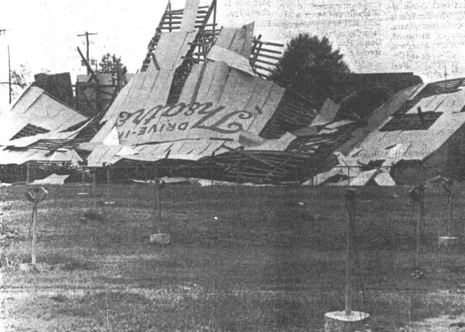 The sad end of a Rainbow: the aftermath of the 1977 thunderstorm that destroyed the screen of the Rainbow Drive-In in Gadsden, thus closing the drive-in forever and making way for the Rainbow Cinemas.  From the Gadsden Times.