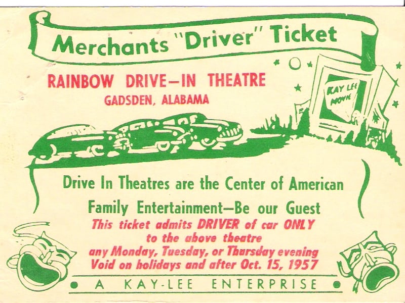 Merchants "Driver Ticket" from the Rainbow Drive-in Theatre in Gadsden Alabama