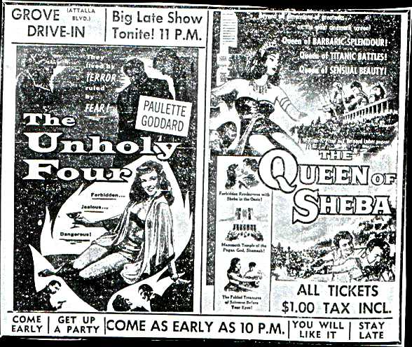 A 1956 ad for a New Year's Eve Biblical shlock-fest, back when the theatre was still called the Grove. This was just a few months before the Grove closed.