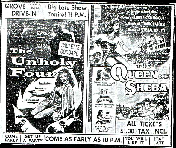 A 1956 ad for a New Year's Eve Biblical shlock-fest, back when the theatre was still called the Grove.  This was just a few months before the Grove closed.