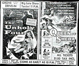 A 1956 ad for a New Year's Eve Biblical shlock-fest, back when the theatre was still called the Grove.  This was just a few months before the Grove closed.