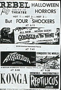 One of the nice things about the milder southern climate, is that you can open a drive-in on Halloween night.  This ad is from the 1960s but the tradition continued into the 1980s.