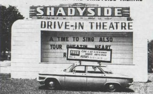 Marquee for the Shadyside Drive-In advertising contests which included the old southern "catch a greased pig" contest.