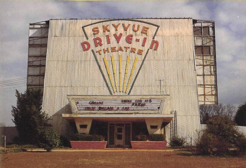 Screen Tower. Screen was widened for Cinemascope. Movies are Grease and Thank God, It's Friday. Photo from the book Ticket to Paradise by John Margolies & Emily Gwathmey.