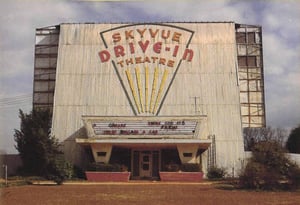 Screen Tower. Screen was widened for Cinemascope. Movies are Grease and Thank God, It's Friday. Photo from the book Ticket to Paradise by John Margolies & Emily Gwathmey.