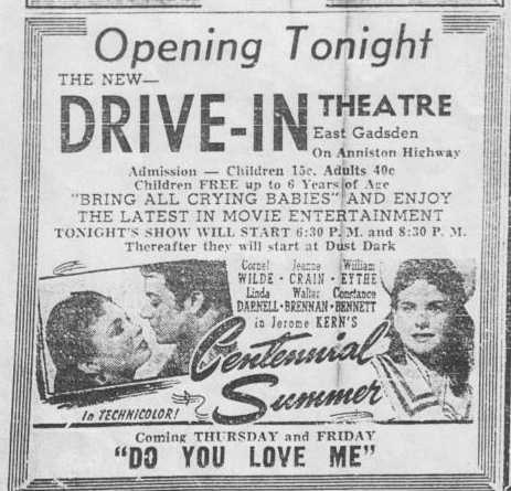 Opening ad for Gadsden's first drive-in, the Tower Drive-In (still called "Drive-In" in those days) imploring families to "bring the crying babies!"