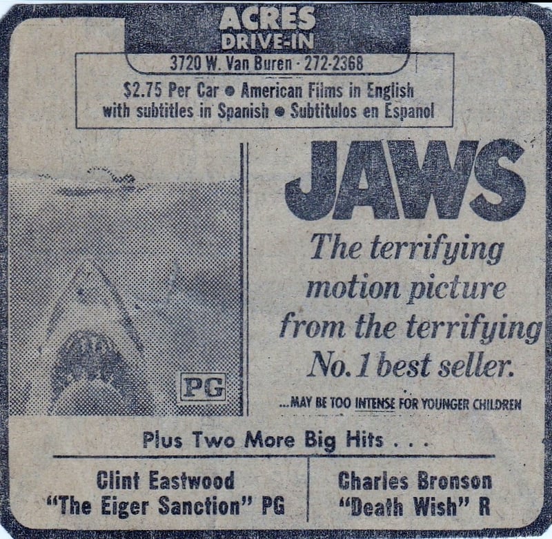 AZ Republic Ad for the Acres Drive In in Phoenix Arizona from 1976.  The main feature was the Blockbuster JAWS with a second feature of THE EIGER SANCTION and DEATH WISH.