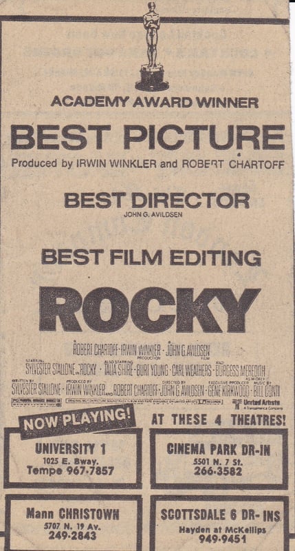 AZ Republic newspaper Ad for the Oscar winning original movie ROCKY. You can see at the bottom of the ad that it played at the Cinema park Drive In in Phoenix AZ. This Ad is from 1977.