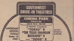 AZ Republic newspaper Ad for an amazing triple feature of Horror films including the 1974 classic The Texas Chainsaw Massacre at the Cinema Park Drive In in Phoenix Arizona from 1977