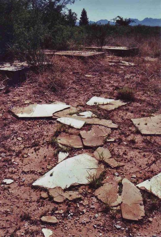 Screen tower foundations and fallen down parts of the screen surface