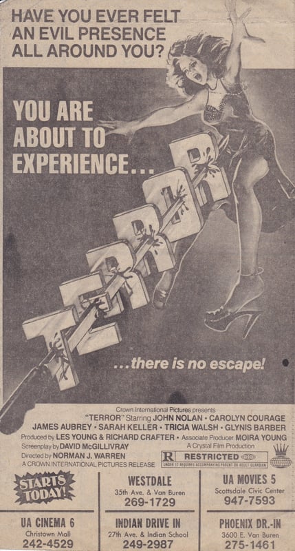 Here is a Movie Ad from the AZ Republic for the horror film Terror from 1979. At the bottom of the ad you can see where it was playing and The Indian Drive In was one of its theaters.