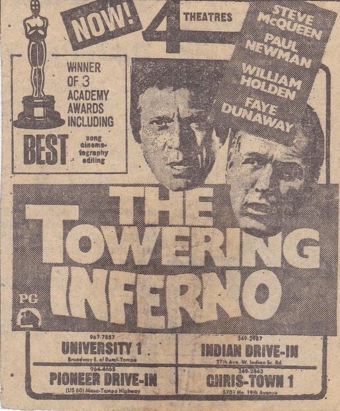 Here is a Movie Ad from the AZ Republic for the disaster movie from Irwin Allen The Towering Inferno from 1975. This is one of its many re-releases from 1975. At the bottom of the ad you can see where it was playing and The Indian Drive In was one of them