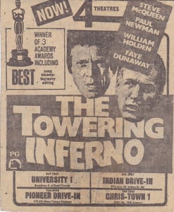 Here is a Movie Ad from the AZ Republic for the disaster movie from Irwin Allen The Towering Inferno from 1975. This is one of its many re-releases from 1975. At the bottom of the ad you can see where it was playing and The Indian Drive In was one of them