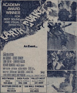 AZ Republic Newspaper Ad for the exciting Disaster film from 1974 Earthquake.  at the bottom of this ad for the movie you can see one of the places it was showing was the Mustang  Drive In in Chandler Arizona. from 1974