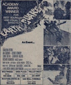 AZ Republic Newspaper Ad for the exciting Disaster film from 1974 Earthquake. at the bottom of this ad for the movie you can see one of the places it was showing was the Mustang Drive In in Chandler Arizona. from 1974