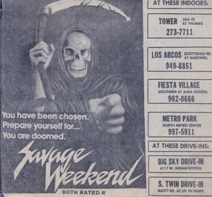 AZ Republic newspaper Ad for the low Budget horror film SAVAGE WEEKEND from 1981. At the bottom of the Ad you can see it played at the Big Sky Drive In in Phoenix Arizona.
