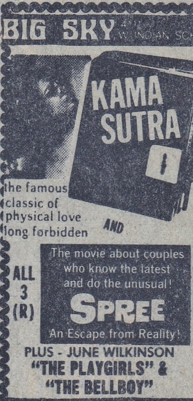 AZ Republic newspaper Ad for this Triple feature of Smut including KAMA SUTRA with SPREE and THE PLAYGIRLS AND THE BELLBOY from 1980. They played at the Big Sky Drive In in Phoenix Arizona.