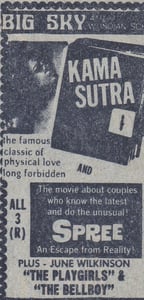 AZ Republic newspaper Ad for this Triple feature of Smut including KAMA SUTRA with SPREE and THE PLAYGIRLS AND THE BELLBOY from 1980. They played at the Big Sky Drive In in Phoenix Arizona.
