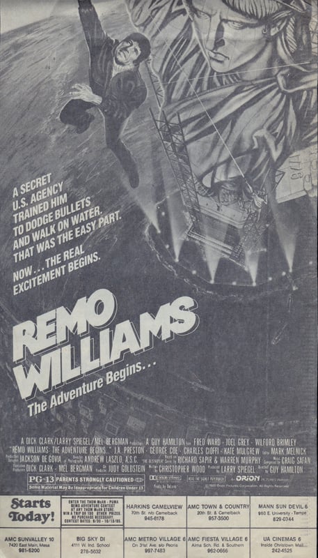 AZ Republic newspaper Ad for REMO WILLIAMS from 1985. This is the year this Drive-In closed making this one of its last movies it played. At the bottom of the Ad you can see it played at the Big Sky Drive In in Phoenix Arizona.