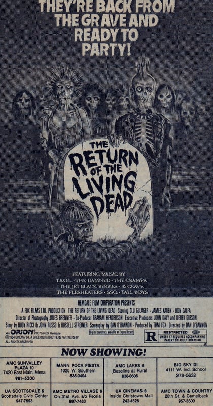 AZ Republic newspaper Ad for the horror film THE RETURN OF THE LIVING DEAD from 1985. This is the year this Drive-In closed making this one of its last movies it played. At the bottom of the Ad you can see it played at the Big Sky Drive In in Phoenix Ariz