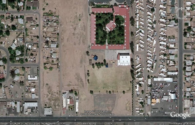 Aerial view of the drive-in site. Nothing remains.