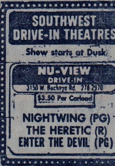 AZ Republic newspaper Ad for an amazing triple feature of Horror films at the Nu-View Drive In in Phoenix Arizona from 1978. Cover your eyes.