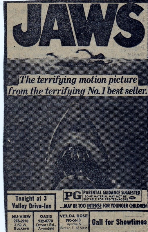 Here is a Movie Ad from the AZ Republic for the Blockbuster movie JAWS. This is one of its many re-releases from 1976. At the bottom of the ad you can see where it was playing and The Nu View Drive In was one of them.