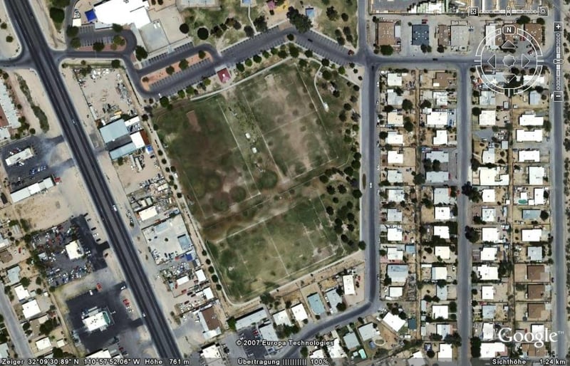 Aerial view of former drive-in site. The screen used to stand at the left corner of the soccer field